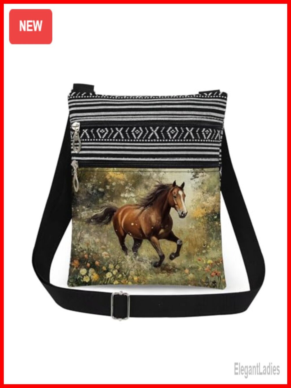Horse Print Crossbody Bag Polyester Adjustable Strap Double Zipper Purse